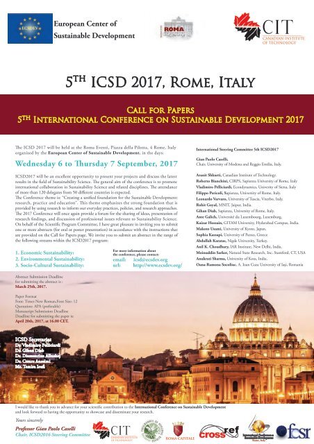 ICSD 2017 : 5TH INTERNATIONAL CONFERENCE ON SUSTAINABLE DEVELOPMENT, 6 - 7 SEPTEMBER 2017 ROME, ITALY 