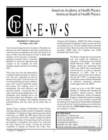 CHP News - President's Message - Health Physics Society