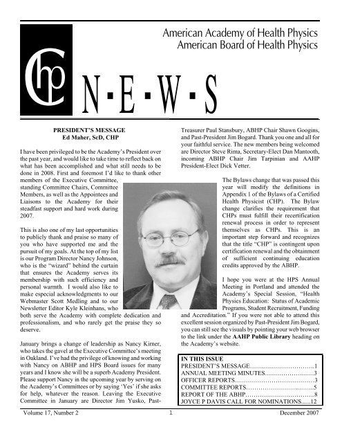 CHP News - President's Message - Health Physics Society