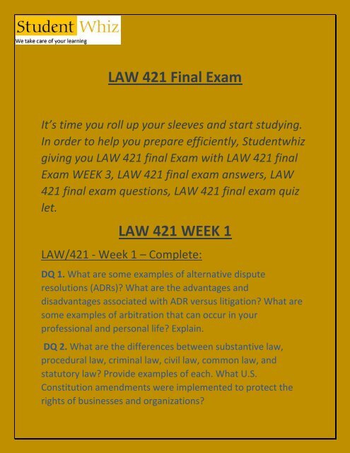 LAW 421 Final Exam & LAW 421 Week 3 Final Exam at Studentwhiz