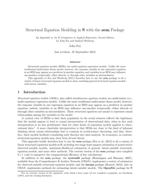 Structural Equation Modeling in R with the sem Package - Faculty of ...