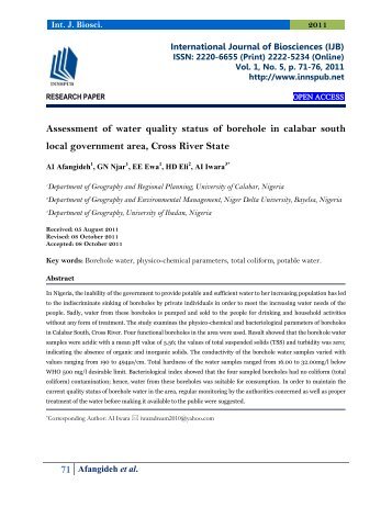 Assessment of water quality status of borehole in calabar south local government area, Cross River State
