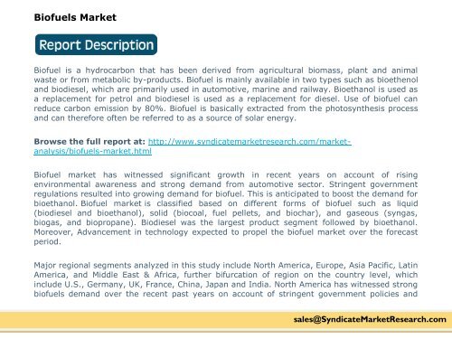 Biofuels Market: Segments, Opportunity, Growth and Forecast By End-use Industry 2015-2020