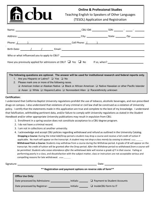 Tesol Application and Registration Form Online 