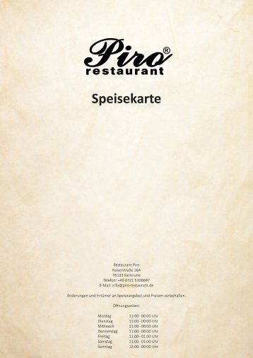 Restaurant Piro Speisekarte