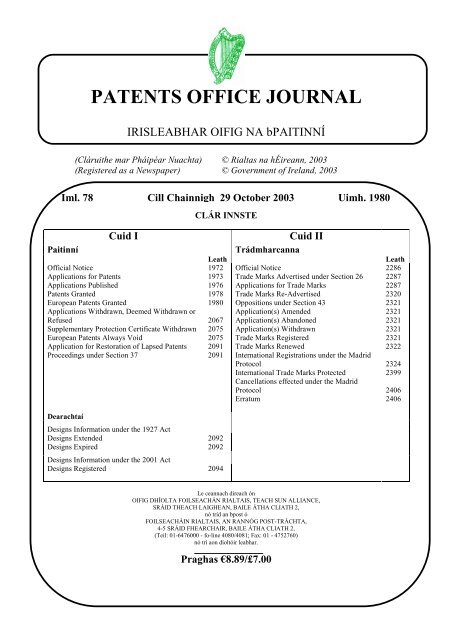 PATENTS OFFICE JOURNAL - Irish Patents Office