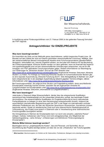 FWF - Antragsunterlagen - Einzelprojekte - Antragsrichtlinien