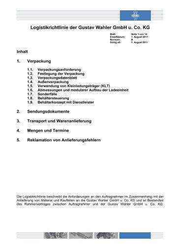 Logistikrichtlinien - Gustav Wahler GmbH u. Co. KG