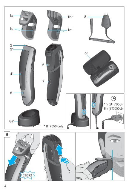 Braun cruZer5, Old Spice, BT 3050, BT 5010, BT 5030, BT 5050 - BT7050,  BT3050cb,  Beard trimmer,  Series 7 Manual (DE, UK, FR, ES, PT, IT, NL, DK, NO, SE, FI, TR, GR)