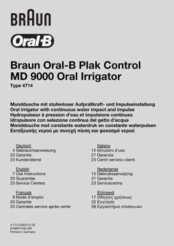Braun MD9000, OC9025, OC9525, OC9545 - MD9000 Oral Irrigator,  PlakControl Manual (DE, UK, FR, IT, NL, GR)