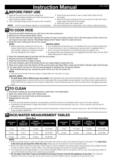 Aroma Rice Cooker Time Chart