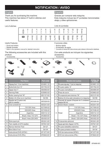 Brother SM2700 - Notification about built-in utility stitches, features and included accessories