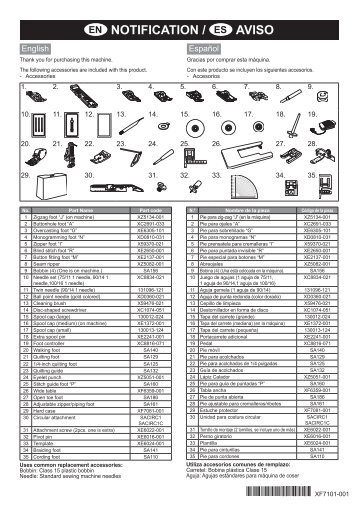 Brother XS3109 - Notification about included accessories