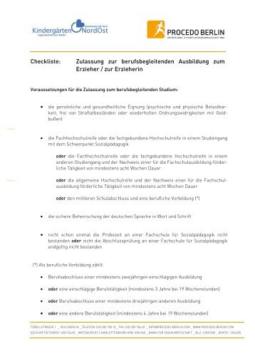 Checkliste Einstellung berufsbegleitende Erzieherausbildung