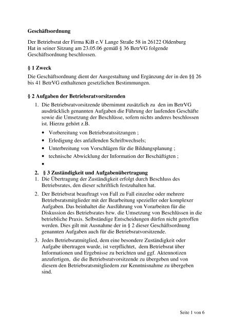 Geschäftsordnung des Betriebsrates - KiB