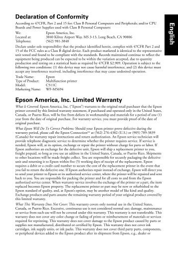Epson Epson WorkForce Pro WF-M5694 Multifunction Monochrome Printer - Notices and Warraty