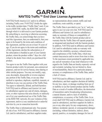 Garmin NAVTEQ Traffic - End User License Agreement