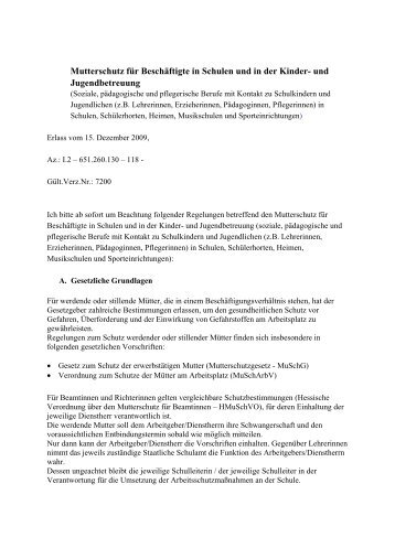 Erlass zum Mutterschutz in der Schule, Dezember 2009