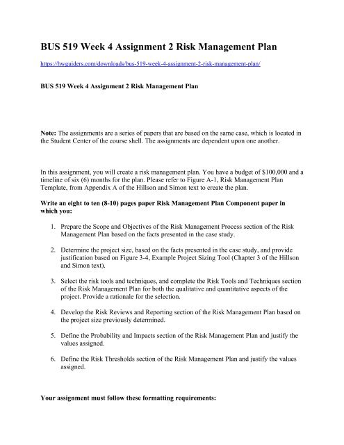 BUS 519 Week 4 Assignment 2 Risk Management Plan