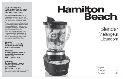 Hamilton Beach Smoothie Smart&amp;trade; Blender (56206) - Use and Care  Guide