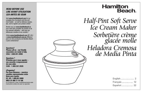 Hamilton Beach Half Pint&trade; Soft-Serve Ice Cream Maker - Blue (68550E) - Use and Care Guide