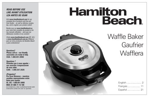 Hamilton Beach Durathon&reg; Mess-Free Belgian Style Waffle Maker (26043) - Use and Care Guide