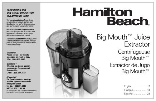 Hamilton Beach Big Mouth\u0026amp;reg; Pro Juice Extractor (67608Z) - Use and  Care Guide