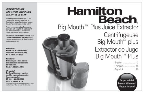 Hamilton Beach Big Mouth\u0026amp;reg; Plus 2 Speed Juicer (67750) - Use and  Care Guide