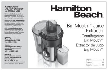 Hamilton Beach Big MouthÂ® Pro Juice Extractor (67608Z) - Use and Care Guide