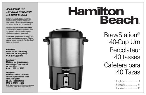 Hamilton Beach BrewStation® 40 Cup Coffee Urn (40540) - Use and Care Guide