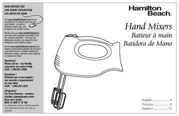 Hamilton Beach Hand Mixer with Snap-On Case (62632R) - Use and Care Guide