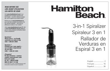 Hamilton Beach 3-in-1 Electric Spiralizer (59998) - Use and Care Guide