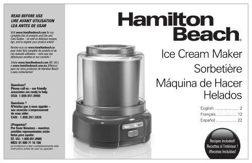 Hamilton Beach 1.5 Quart Ice Cream Maker 68880 Use and Care Guide
