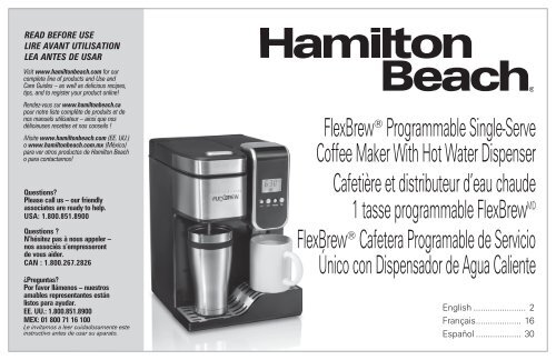 Hamilton Beach FlexBrew&reg; Programmable Single-Serve Coffee Maker with Hot Water Dispenser (49988) - Use and Care Guide