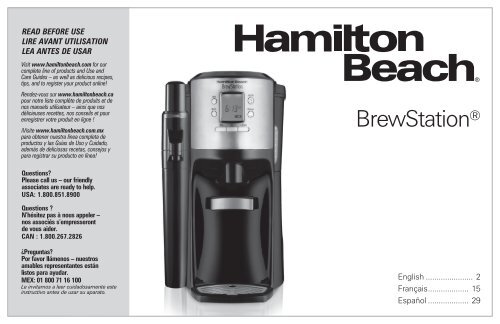 Hamilton Beach BrewStation&reg; Coffee Maker with Flavor Dispenser (49150) - Use and Care Guide