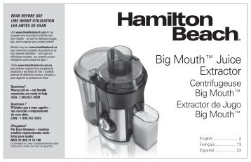 Hamilton Beach Big MouthÂ® Juice Extractor (67601) - Use and Care Guide