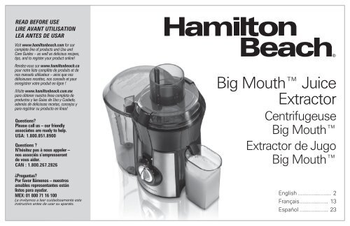 Hamilton Beach Big Mouth&reg; Juice Extractor (67601) - Use and Care Guide