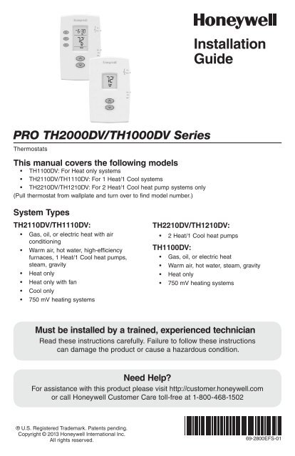 Honeywell PRO 2000 5-2 Day Programmable Thermostat - PRO 2000 5-2 Day Programmable Thermostat Installation Manual (English,French,Spanish) 