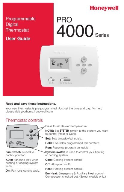 Honeywell PRO 4000 5-2 Day Programmable Thermostat - PRO 4000 5-2 Day Programmable Thermostat Owner's Manual (English,French,Spanish) 