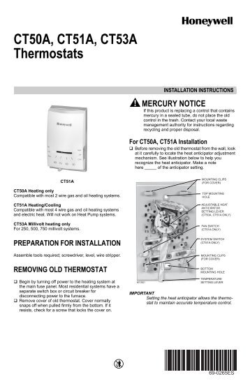 Honeywell Standard Non-Programmable Thermostat (CT5X) - Standard Non-Programmable Thermostat Installation Manual (English,Spanish) 
