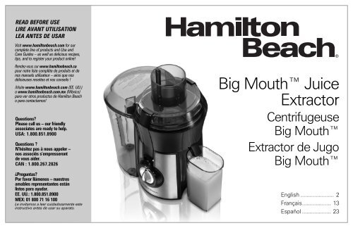 Hamilton Beach Big Mouth&reg; Juice Extractor (67601) - Use and Care Guide