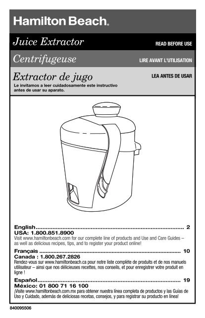 Hamilton Beach HealthSmart\u0026amp;reg; Juice Extractor (67801) - Use and Care  Guide