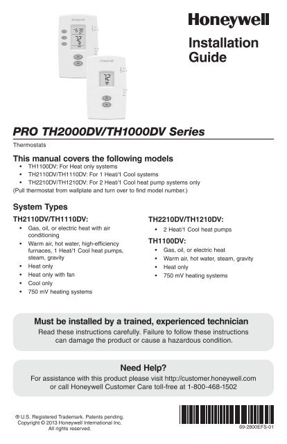 Honeywell PRO 1000 Non-Programmable Thermostat - PRO 1000 Non-Programmable Thermostat Installation Guide (English,French,Spanish) 