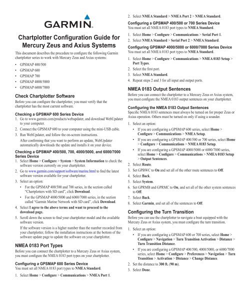 Garmin GPSMAP 526s - Chartplotter Configuration Guide for Mercury Zeus and  Axius Systems