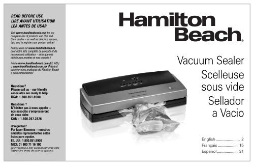 Hamilton Beach NutriFresh&trade; Vacuum Sealer (78213) - Use and Care Guide