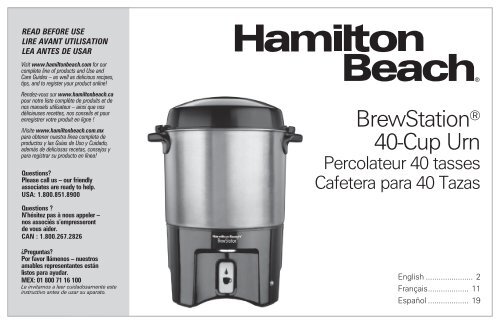 Hamilton Beach BrewStation&reg; 40 Cup Coffee Urn (40540) - Use and Care Guide