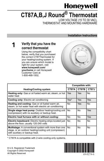 Honeywell RoundÂ® Non-Programmable Thermostat (CT87) - Round Non-Programmable Thermostat Installation Manual (English) 