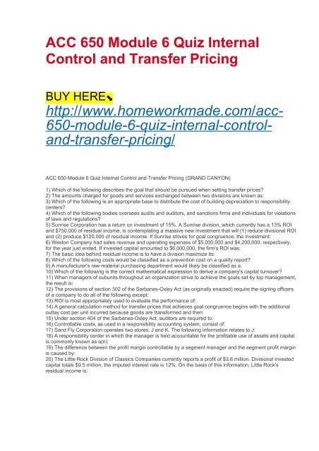 ACC 650 Module 6 Quiz Internal Control and Transfer Pricing