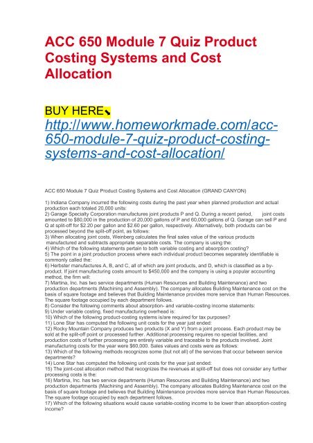 ACC 650 Module 7 Quiz Product Costing Systems and Cost Allocation