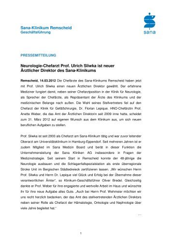 Sana-Klinikum Remscheid Neurologie-Chefarzt Prof. Ulrich Sliwka ...